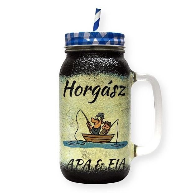 Horgász ajándék - Humoros Apa - Fia nagy szívószálas bögre