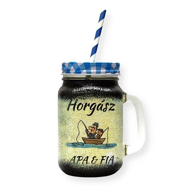 Humoros horgász ábrával és szöveggel díszített szívószálas pohár - kézműves ajándék  gyerekeknek
