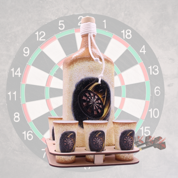 Egyedi kézműves pálinka kínáló szett darts  játékosoknak és szurkolóknak